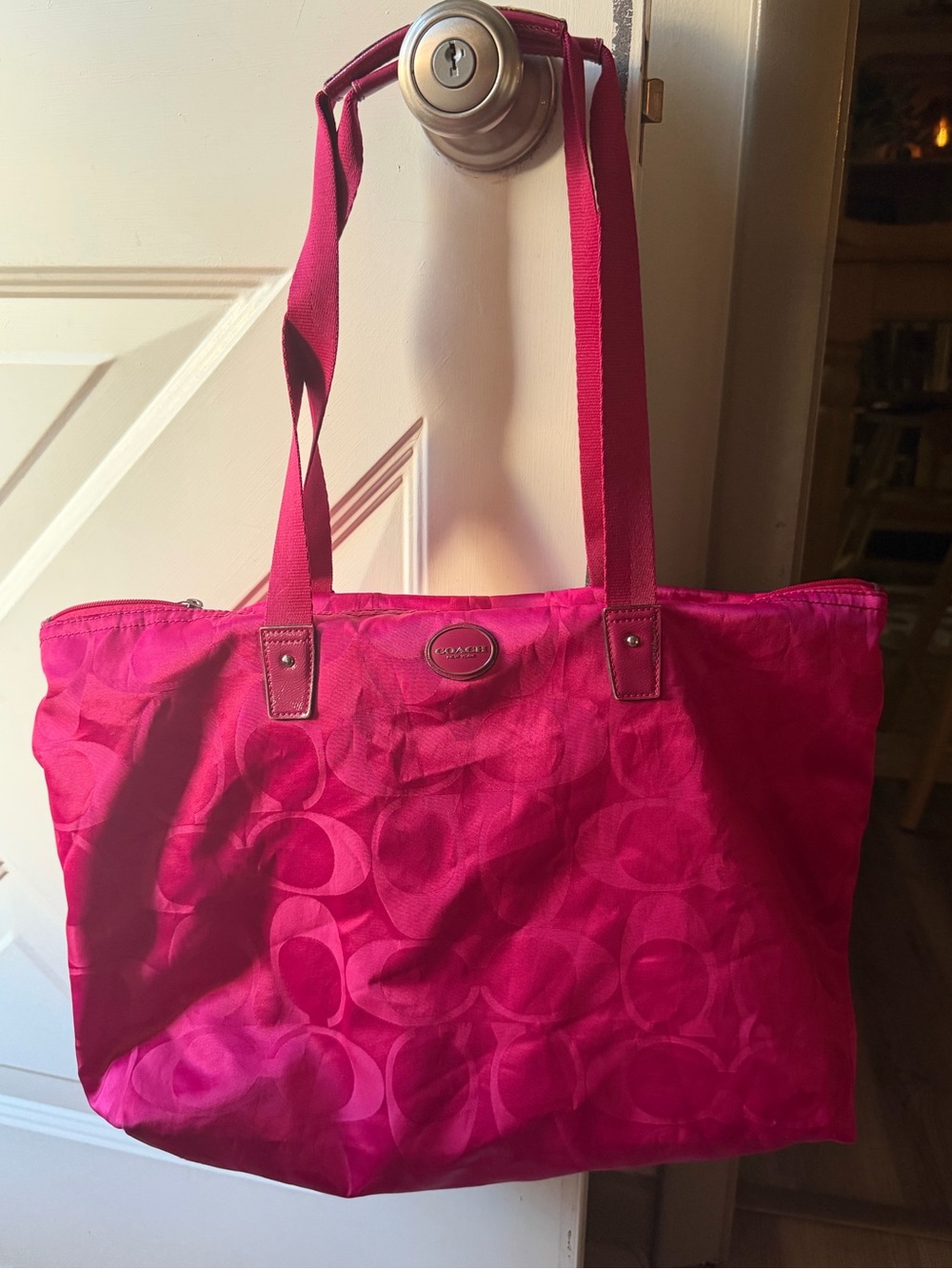 Coach Nylon Signature Tote in Fuchsia